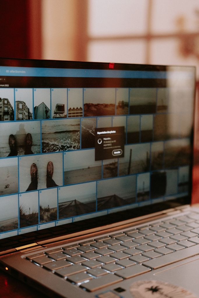 A close-up view of a laptop screen running photo editing software showcasing digital images.